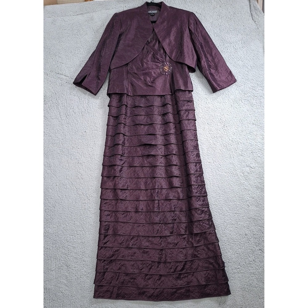 Jessica Howard Dress Jacket Set Womens 14 Plum Beaded Tiered Ruffle Formal Gown
